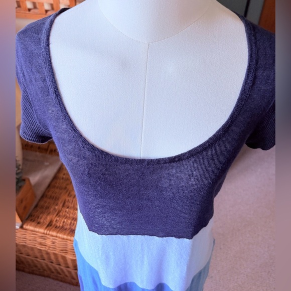 Boden Color-block A-line Stretchy Knit Linen Dress w Cap Sleeves n Blues & White - Picture 8 of 10